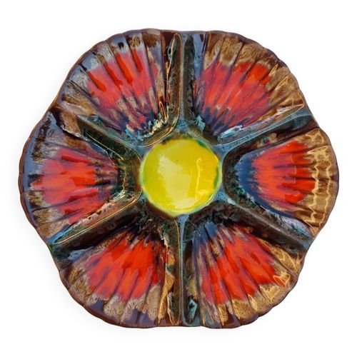 Plat  Hutres En Cramique Pour 6 Barbotina Artisanal Peint Et Maill De Vallauris France Annes 1 Multicolore