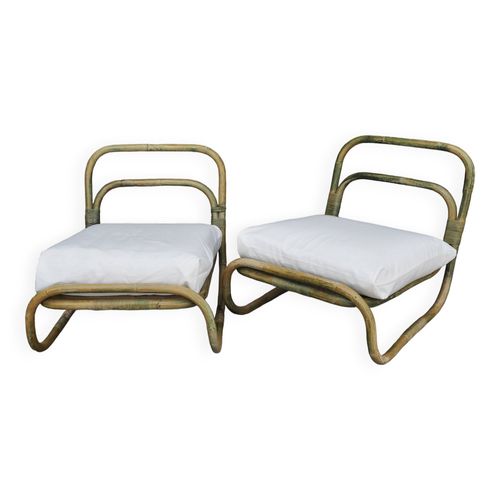Paire De Chauffeuses En Rotin Et Tissu Annes 1960 Vert