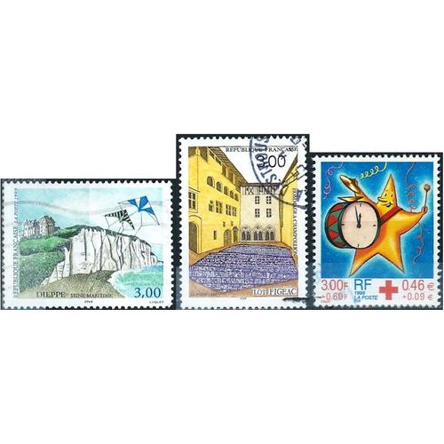 France 1999, Beaux Timbres Yvert 3229 Dieppe Et Sa Falaise, 3256 Figeac (Lot), Hommage À Champollion Et 3288 Croix Rouge, Fêtes De Fin D'année, Oblitérés, Tbe.