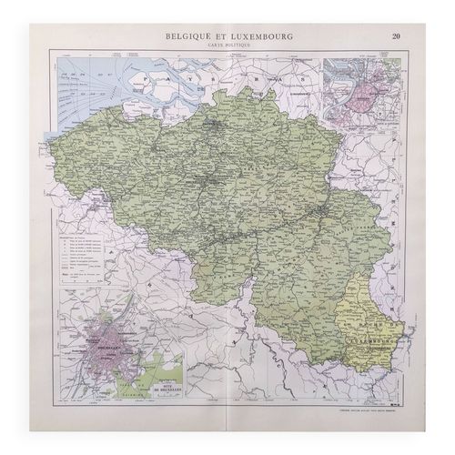 Carte vintage de la Belgique et Luxembourg 43x43cm de 1950 multicolore