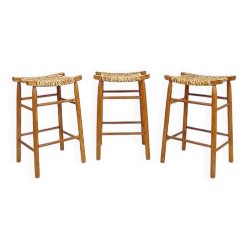 Ensemble De 3 Tabourets De Bar En Chne Et Assise En Jonc Tress Bois