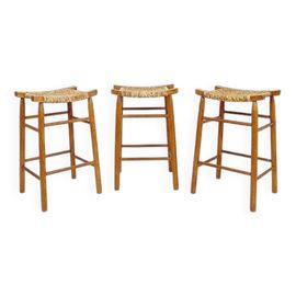 Ensemble De 3 Tabourets De Bar En Chne Et Assise En Jonc Tress Bois