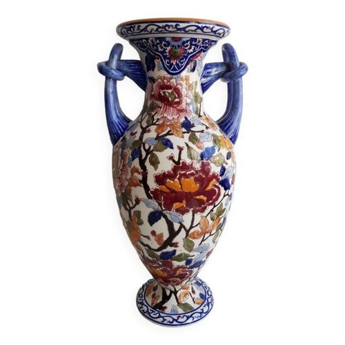 Magnifique vase balustre en faence de Gien multicolore