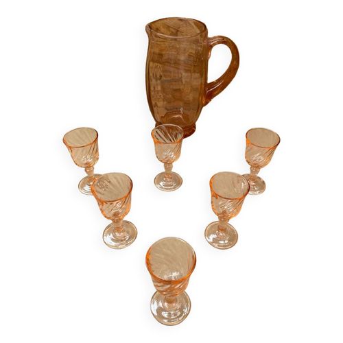 Ancien Service Pichet Verre Souffl Rose  6 Verres  Liqueur Vintage Rose