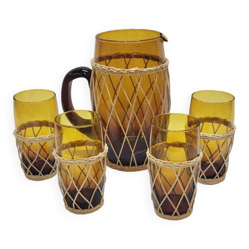 Service  Orangeade Vintage En Verre Souffl Ambr Et Osier Marron