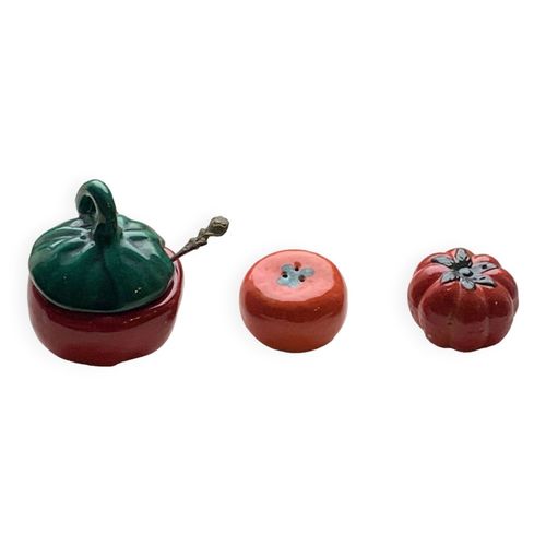 Salerons Et Moutardier En Ceramique Emaillee Barbotine En Forme De Tomate Vintage Rouge