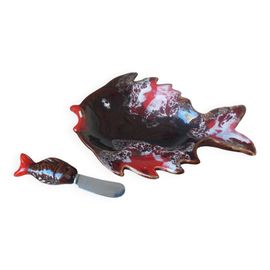 Ensemble Beurrier Avec Couteau  Beurre En Forme De Poisson Color Style Vallauris Marron