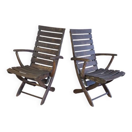 Paire De Fauteuils  Transats Vintage En Teck Triconfort Marron