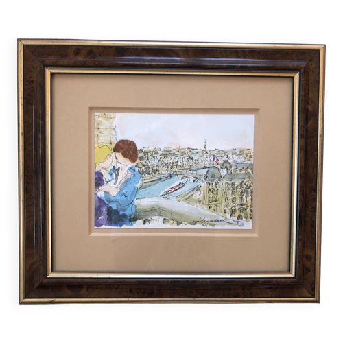 Lithographie XX LES AMOUREUX DE PARIS sign numrot Urbain HUCHET Lovers Tour Eiffel Seine 75 multicolore