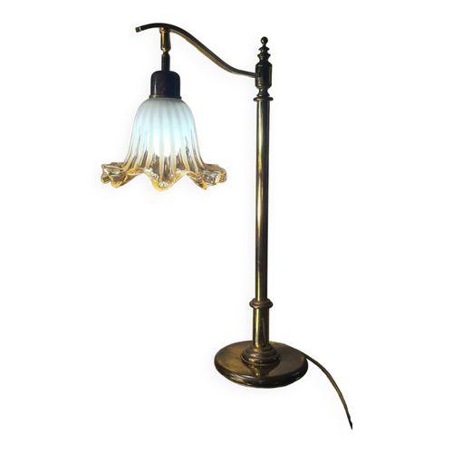 Lampe  Laiton 1970   Avec Tulipe Style Murano Ambre Et Blanc  Legere Trace Du Temp59x30 Dore