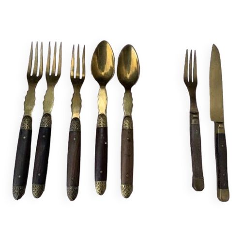 Lot De 7 Couverts En Bois Et Metal Dore Et Cisele Couverts Pour Enfants Anciens Et Collector Dore