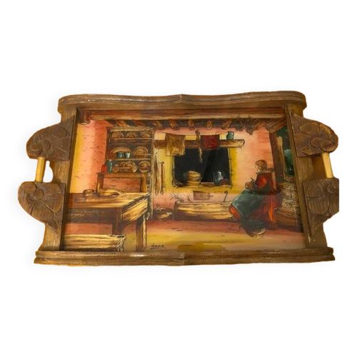 Ancien Plateau Art Deco En Bois Signe Dope Multicolore