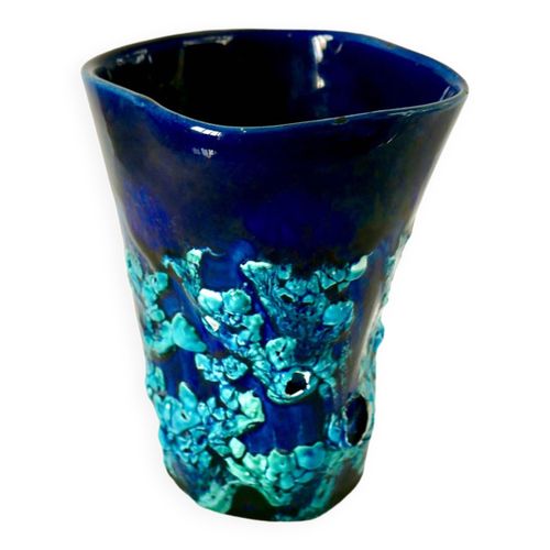 Vase en cramique Fat Lava bleu annes 70 bleu