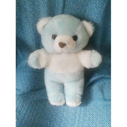 Doudou Peluche Ours Bleu Ciel Blanc Vintage