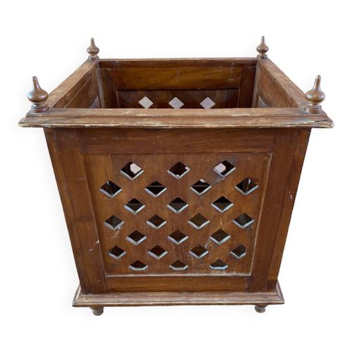 Grand Cache Pot En Teck Style Colonial Forme Carre Avec Parois Ajourees Bois