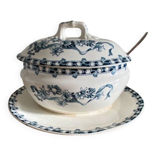 Ancienne Sauciere Sur Dormant Avec Couvercle Longwy Pquerette Terre De Fer Blanc