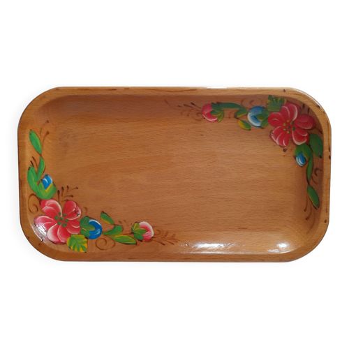 Plateau Bois Vintage  Fleurs Peintes Beige