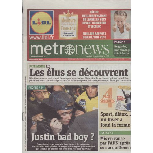 Metronews (Quotidien) / 31-01-2014 N°2552 : Justin Bieber (1p) - Sous Le Soleil De Saint Tropez (1/2p) - Yohan Cabaye (1/2p)