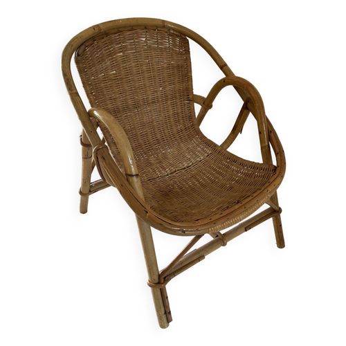 Fauteuil Corbeille Vintage En Rotin Pour Enfant Marron