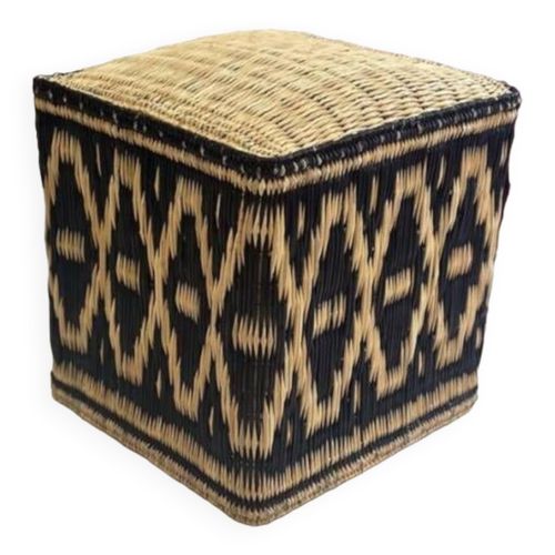 Pouf Marocain Assise Cube En Rotin Osier Graphique Ikat Vert Fonc Sapin Fort Vert