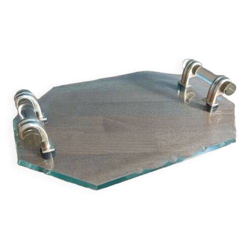 Plateau Verre Biseaut Art Dco Poignes Dor Patin Transparent
