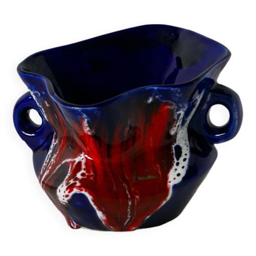 Vase en cramique  fat lava rouge bleu et blanc 1970 bleu