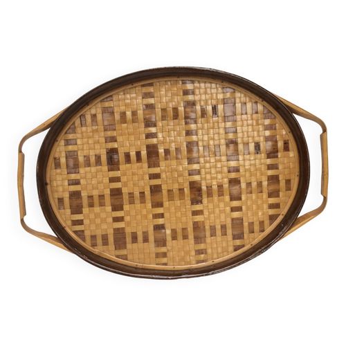 Plateau En Rotin Et Osier Vintage Marron