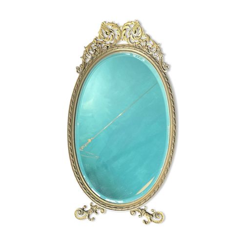 Petit miroir biseaut ovale cadre baroque bronze dore