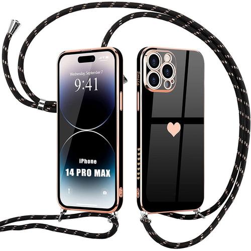 Coque Cordon Pour Iphone 14 Pro Max Noir Amour-Mignon Antichoc Motif CUr Anti-Rayure Souple