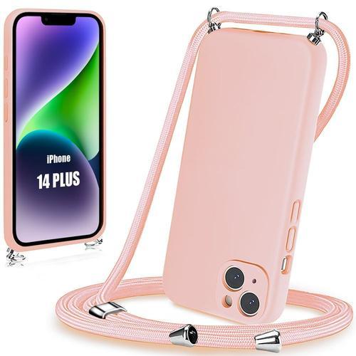 Coque Bandoulière Réglable Pour Iphone 14 Plus Rose Souple Anti-Rayures Silicone