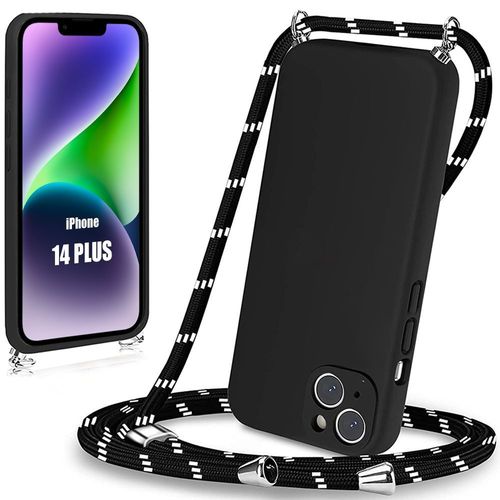 Coque Pour Iphone 14 Plus Souple Protection Anti-Rayures Silicone + Bandoulière Réglable Noir