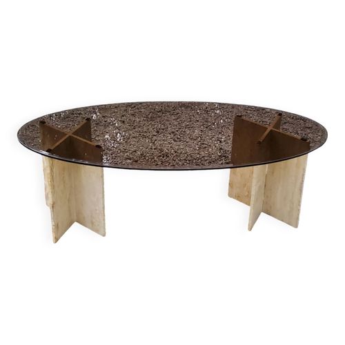 Table Basse Design En Travertin Et Verre Fum Des Annes 70 Beige