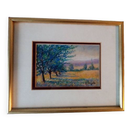 Ancien tableau au pastel de paysage vosgien au printemps signe antoine dugois multicolore