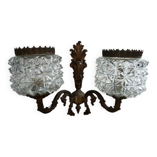 Ancienne Applique Double Murale Bronze Superbe Globe Verre Moul Dore