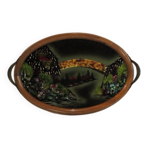 Ancien Plateau De Service Dcor Feuilles De Nacre Vintage Multicolore
