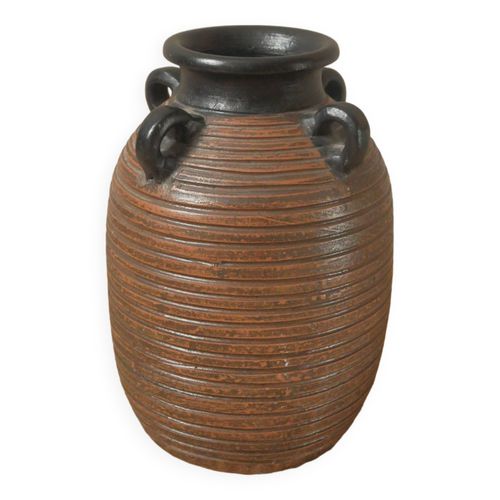 Vase  anses en cramique vintage poterie handmade dcoration ethnique tribal marron