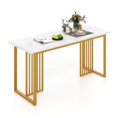 Costway Table À Manger Moderne Pour 6-8 Personnes Rectangulaire 160 Cm Avec Plateau En Faux Marbre, Pieds Métalliques Or & Blanc