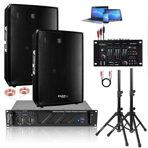 Sonorisation IBIZA SOUND, 2 Enceintes 1200W - Ampli Sono 960w - Table de Mixage DJM USB - Câbles Offerts - PA SONO MIX BAR CLUB