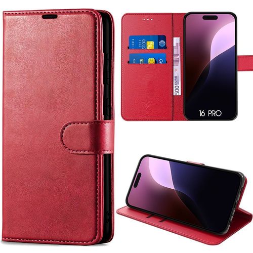 Coque Pour Iphone 16 Pro, Coque Portefeuille Antichoc Anti-Rayures Cuir Pu Rouge - E.F.Connection