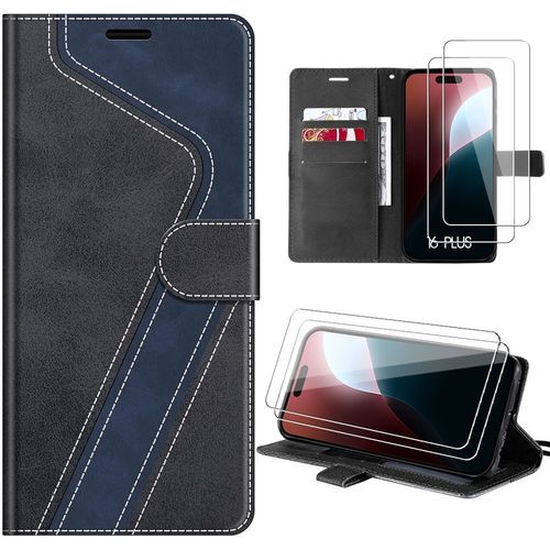 Coque + 2 Verres Trempés Pour Iphone 16 Plus, Protection Souple Antichoc Cuir Pu - Noir / Bleu Marine - E.F.Connection