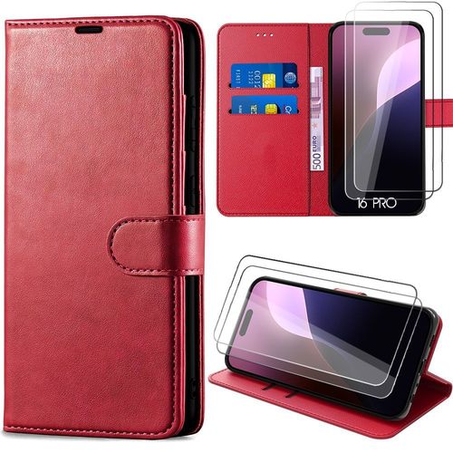Coque + 2 Verres Trempés Pour Iphone 16 Pro, Coque Effet Cuir Rouge Fermeture Magnétique - E.F.Connection