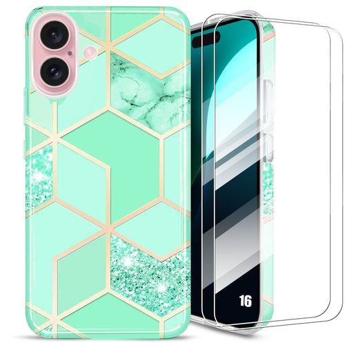 Coque + 2 Verres Trempés Pour Iphone 16, Protection Ultra Légère Slim Antichoc Motif Marbre Turquoise - E.F.Connection