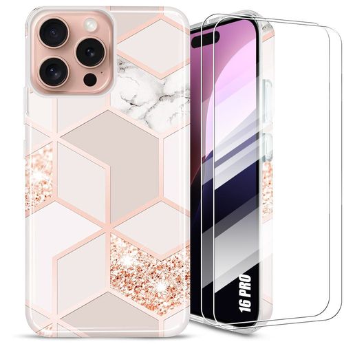 Coque + 2 Verres Trempés Pour Iphone 16 Pro, Protection Ultra Fine Mince Léger Motif Marbre Rose - E.F.Connection