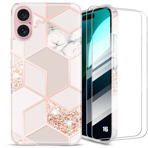 Coque Pour Iphone 16 Avec 2 Verres Trempés, Protection Motif Marbre Rose Antichoc Anti-Rayures - E.F.Connection
