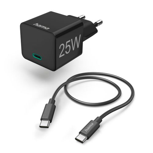 Chargeur rapide avec câble de charge USB-C, mini-chargeur, PD, 25 W, 1 m, noir