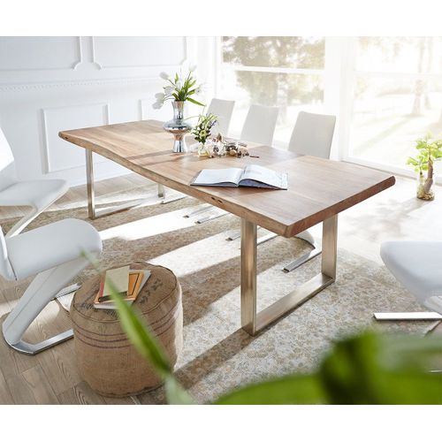 Table-De-Salle-?-Manger Edge Acacia Nature 260x100 Xl Acier Inoxydable ?Troit Live-Edge