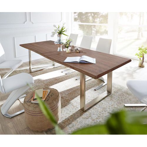 Table-De-Salle-À-Manger Edge Acacia Marron 300x100 Acier Inoxydable Étroit Live-Edge