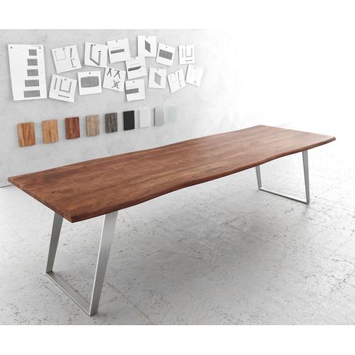 Table-De-Salle-À-Manger Edge Acacia Marron 300x100 Acier Inoxydable Incliné Live-Edge