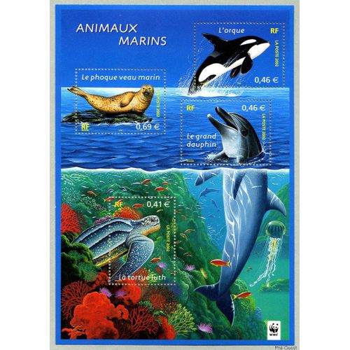 France 2002, Très Beau Bloc Feuillet Neuf** Luxe Yvert 48, Nature Sauvage, Animaux Marins, Timbres 3485 Tortue Luth, 3486 Grand Dauphin, 3487 Orque, 3488 Phoque Veau Marin.