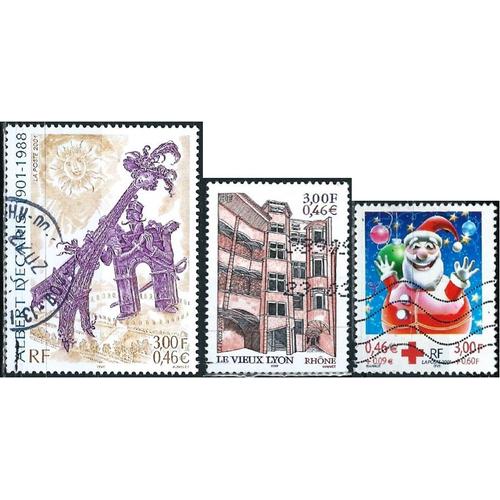 France 2001, Beaux Timbres Yvert 3390 Le Vieux Lyon, 3435 Albert Decaris, Dessinateur Et Graveur Et 3436 Croix Rouge, Fêtes De Fin D'année, Oblitérés, Tbe.